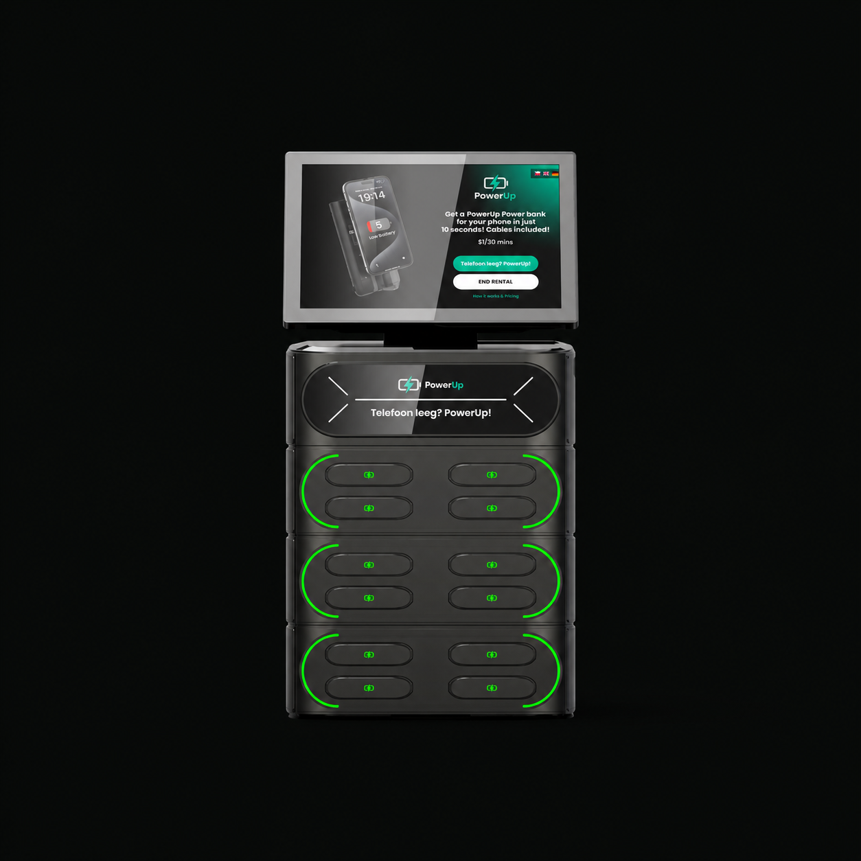 PowerUp-station met twaalf powerbanks, betaalscherm en PowerUp-logo
